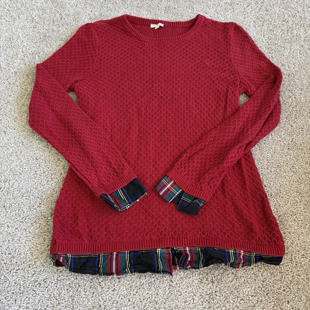 Talbots Sweater Womens S Red Waffle Knit Plaid Trim Ruffle Hem Pullover Layered